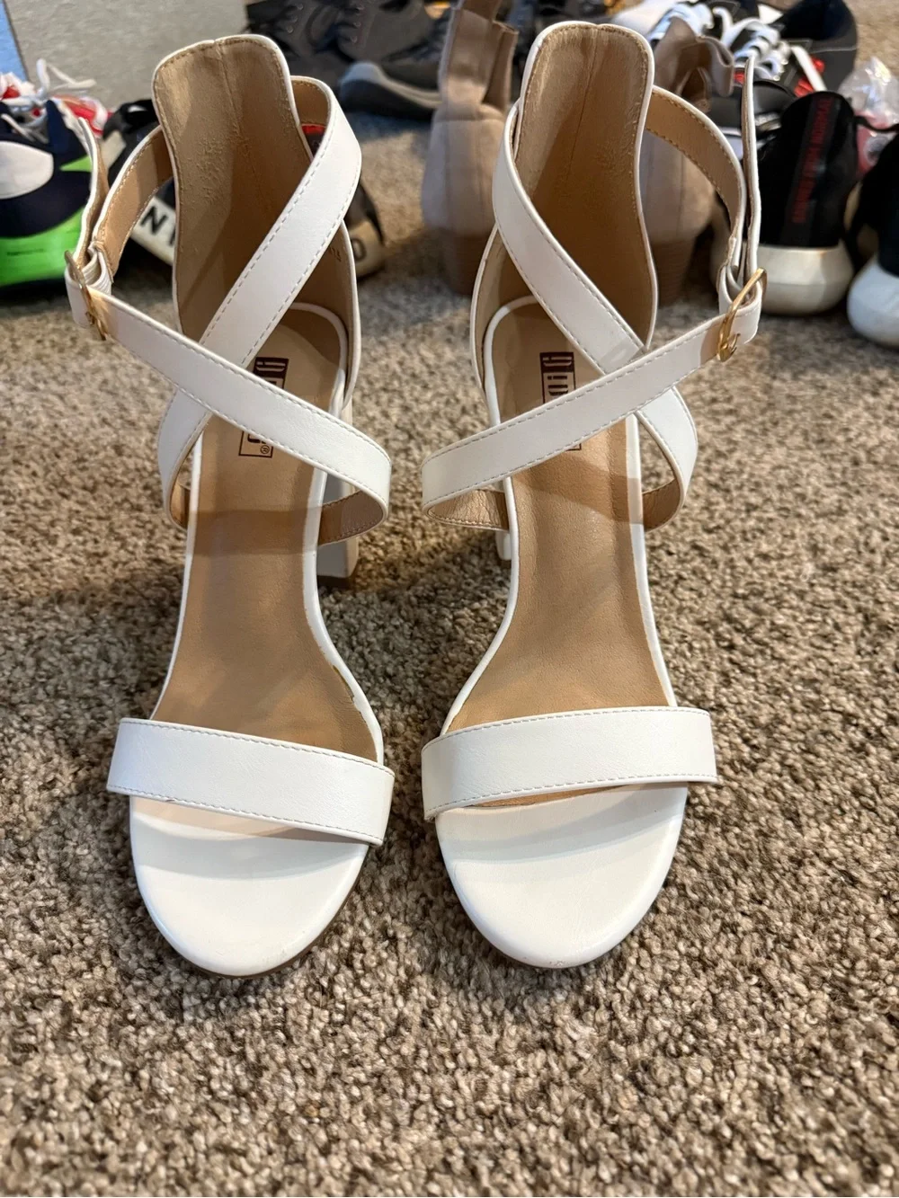 White Crisscross Block Heel Sandals